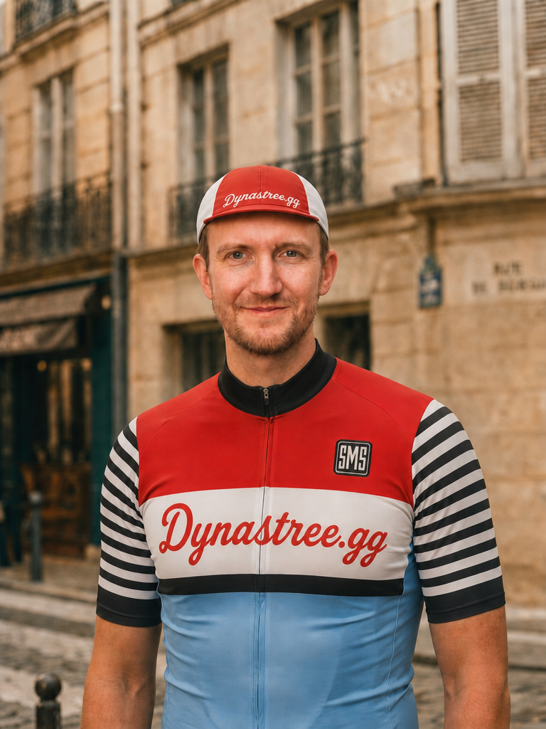 Kristian wearing a vintage s'Raphaël Dynastree.gg cycling jersey and cap on a Parisian street